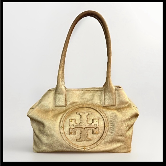 Tory Burch Handbags - Tory Burch Pebbled Leather Gold Tote Shoulder Bag w/ Logo & 3 Pockets & Mirror